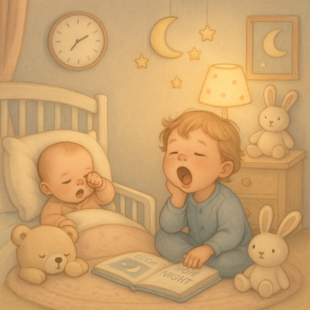 Toddler and baby getting ready for sleep with bedtime stories
