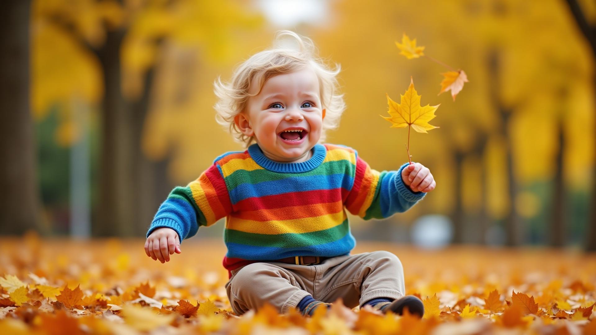 Happy toddler playing with colorful fall leaves outdoors - fall sleep tips for better baby and toddler sleep