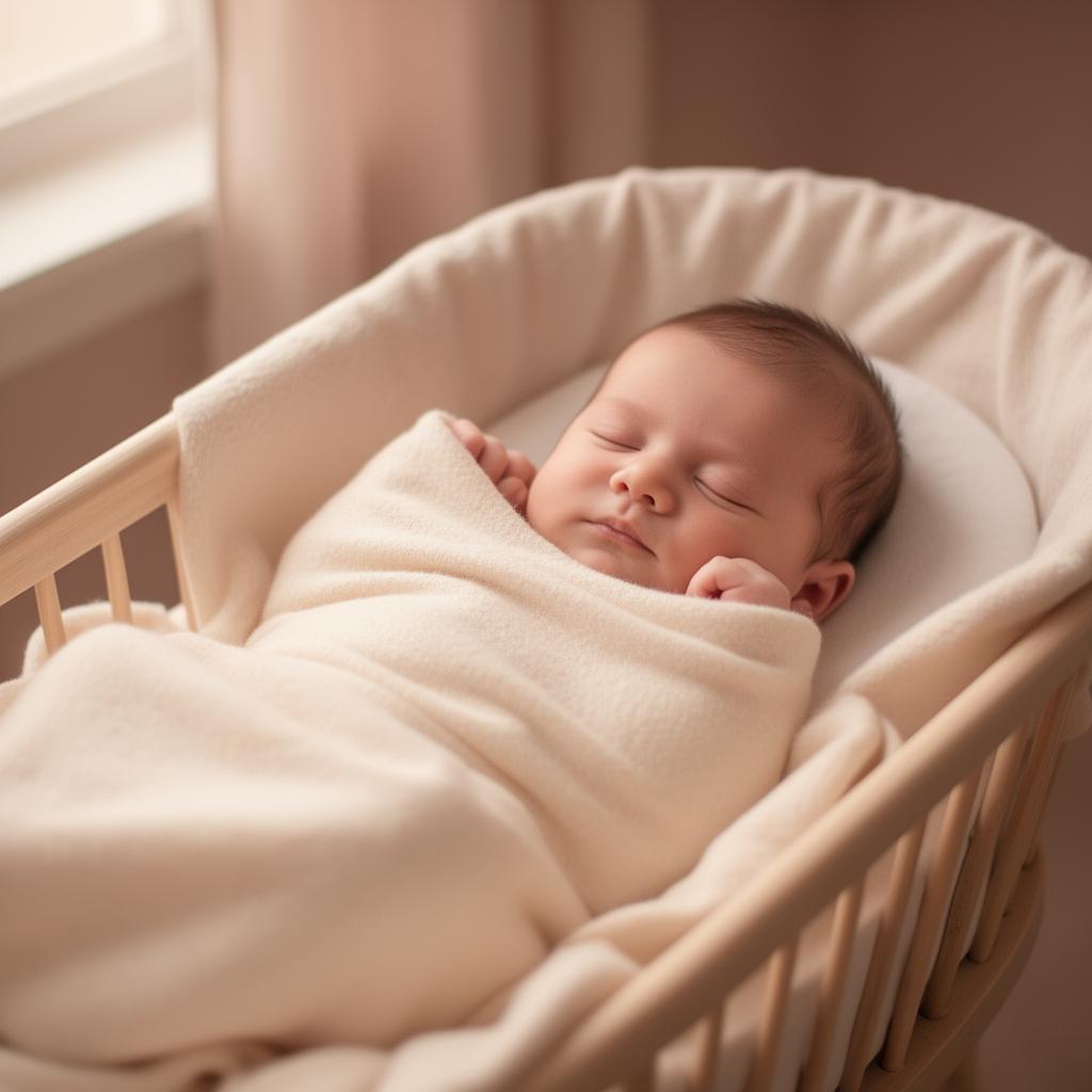 Peaceful swaddled newborn sleeping in a bassinet in soft morning light