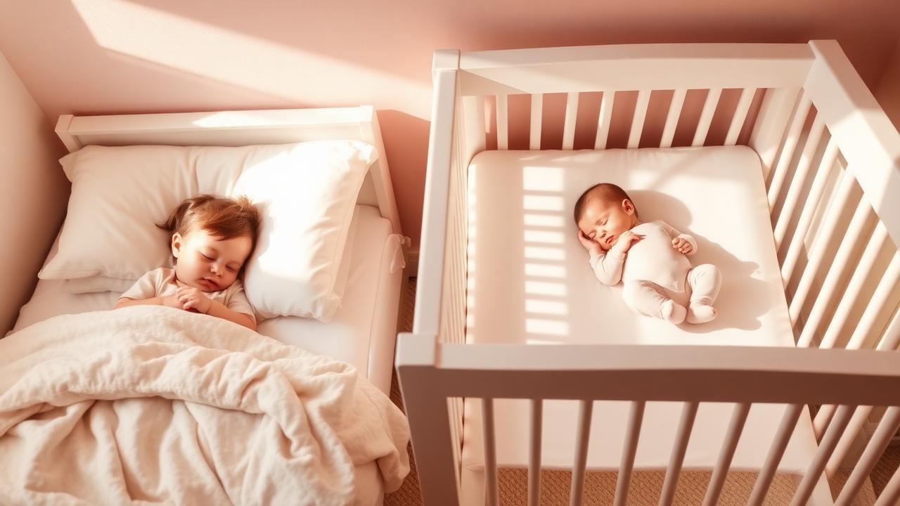 A toddler and a baby sleeping peacefully in the same softly lit bedroom
